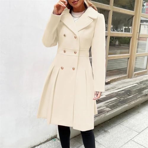Women's Long Sleeve Double Breasted Above Knee Pleated Lapel A-Line Wool Blend Winter Warm Coat2