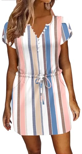 Image of Womens Summer Casual Dresses Short Sleeve Striped Dress Boho Beach Vacation Tie Drawstring Waist Sun Dresses with Pockets