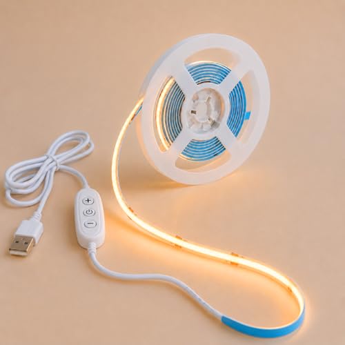 TK99SW Tira de LED COB USB 1 metros, 5V Regulable Blanco Cálido 2700K, 320LEDs/M, CRI92, 8 mm Ancho, Tira de Luz LED Flexible Para dormitorio, casa, armario, iluminación DIY