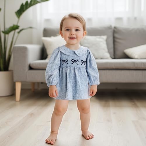Newborn Baby Girl Outfit Bow Embroidery Floral Smocked Romper Dress Long Sleeve Bodysuit Jumpsuit Infant Fall Clothes2