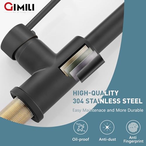 Image of GIMILI Matte Black Kitchen Faucet with Soap Dispenser, Commercial Single Handle Spring Pull Out Kitchen Sink Faucets with Pull Down Sprayer