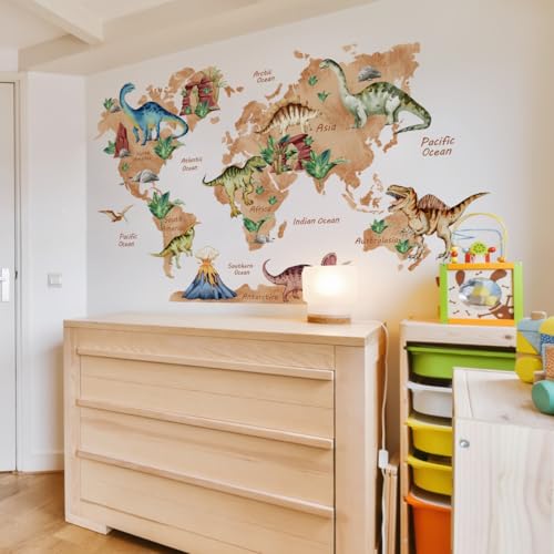HGDESIGN® Sticker mural autocollant - Carte du monde, animaux, dinosaures - Pour chambre d'enfant, garçon et fille - Décoration murale autoadhésive (C)