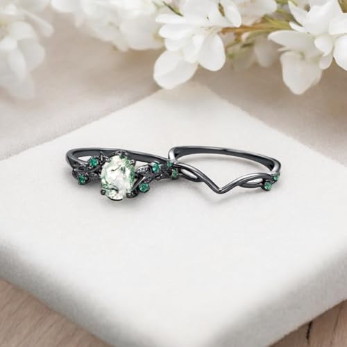 Oval Shaped Moss Agate Ring Set Black Gold Plated Silver Jewelry 2 pcs Wedding Ring Set Emerald Statement Gifts For Women4