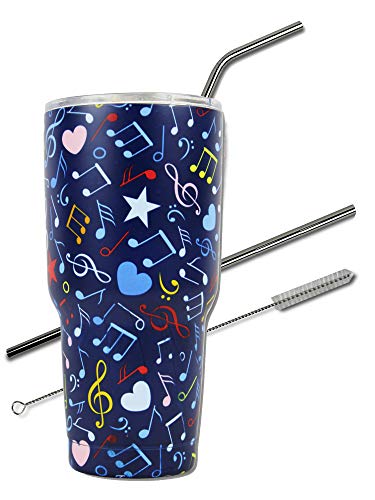 Music Note Tumbler Cup 30 oz with Lid, Straw and Cleaner, 30 oz Gift for Mom Teacher Piano Travel Coffee Mug, Stainless Steel, Vacuum Insulated, Keep Drinks Cold and Hot (Music Note, 30oz)