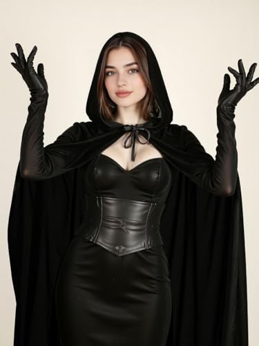 HOMELEX Black Witch Velvet Cloak Halloween Hooded Cape Queen King Robe Outfit Renaissance Medieval Costume3