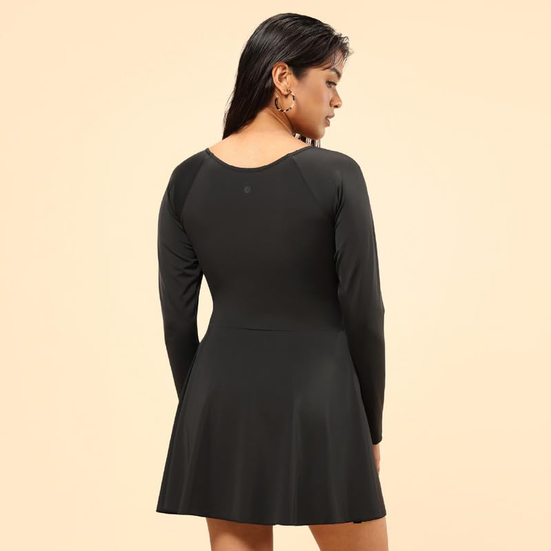 Image of Bliss Swim Dress - Full Sleeves, UPF 50+ Sun Protection, in-Built Cups, in-Built Shorts, Overlapped Slit in Skirt, Cinched Waist