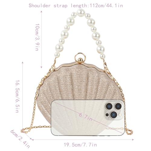 Image of Glitter Seashell Evening Clutch Purse Mini Chain Crossbody Bag Pu Leather Shell Pearl Shoulder Bag