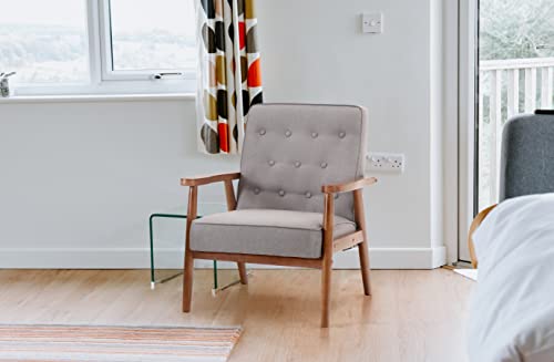 Erste!Bravo Accent Chair For Living Room Bedroom, Tufted Comfy Arm Chair, Modern Linen Fabric Lounge Chair With Solid Wood Arm & Legs, Upholstered, Grey #TOP3