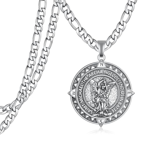 TYSO St Michael Necklace for Men 925 Sterling Silver Archangel Saint Michael Pendant Necklace Compass St Michael Necklace Protect Us Medal Amulet Religious Jewelry Gifts for Men