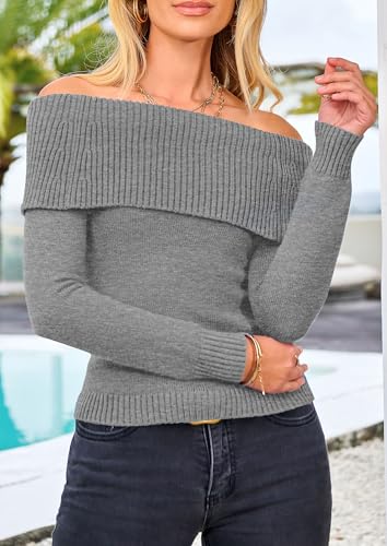 PRETTYGARDEN Off The Shoulder Sweater for Women 2025 Fall Fashion Cute Long Sleeve Tops Winter Ribbed Pullover Knit Outfits
