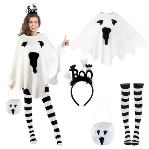 4 Pcs Halloween Ghost Costume Set for Women with Ghost Poncho Candy Bag Headbands & Striped Tights