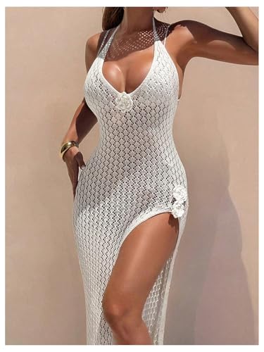 WDIRARA Women's 3D Floral Crochet Cover Up Hollow Out Halter Beach Dress High Slit Backless Swimwear Coverups3