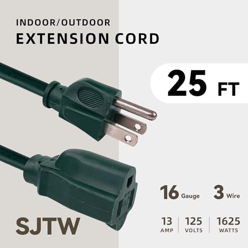 Image of 25ft Outdoor Extension Cord - 16 /3 Heavy Duty SJTW Waterproof Green Electrical Cable with 3 Prong Grounded Plug for Safety, Great for Lawn and Major Appliances