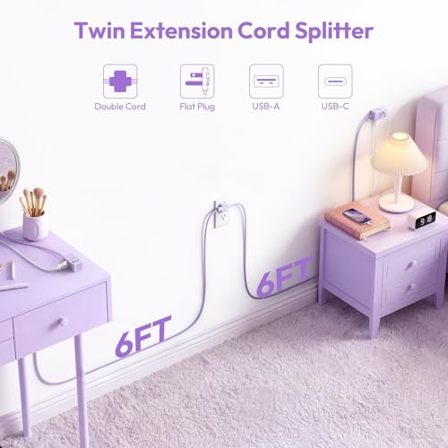 Image of NTONPOWER Double Extension Cord 12 FT, Twin Extension Cord Splitter, 6 FT Purple Extension Cord on Each Side, 20W USB C & 2 USB A & 3 Outlets, Split Power Strip with Flat Plug for Home Dorm Room