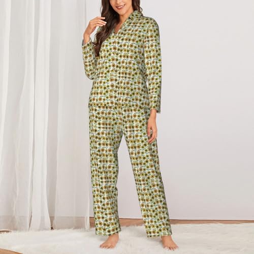 Pyjama long femme ensemble deux pièces imprimé fleurs vêtements de nuit amples - 2