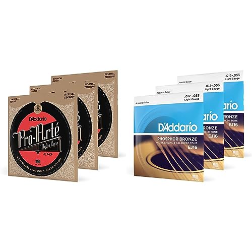 Cordes guitare D'Addario EJ45-3D nylon classique et EJ16-3D bronze acoustique folk lot de 3