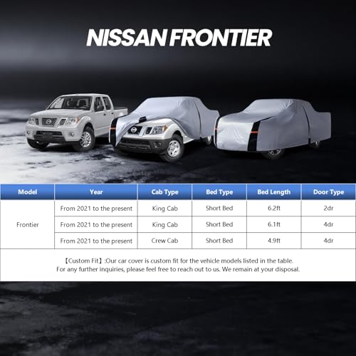 Image of Multi-Layer Nissan Frontier Truck Cover, Custom Fit Frontier 2021-2026 King /Crew Cab SB(4.6'-6.2') Car Cover Waterproof All Weather, Full Exterior Cover Rain Wind and UV Protection with Door Zipper
