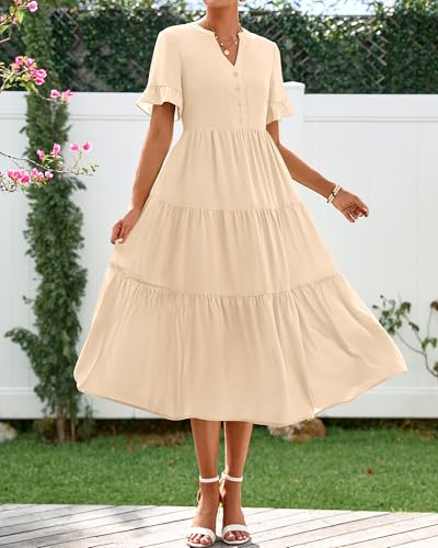 Image of BTFBM Summer Dresses for Women 2025 Vacation V Neck Loose Short Sleeve A Line Tiered Flowy Casual Midi Beach Dress