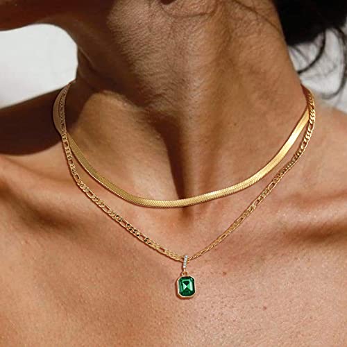 ACECHA Gold Layered Necklaces for Women, 18K Gold Plated Emerald Pendant Rectangle Necklaces for Teen, Layering Choker Necklace Jewelry Gifts2
