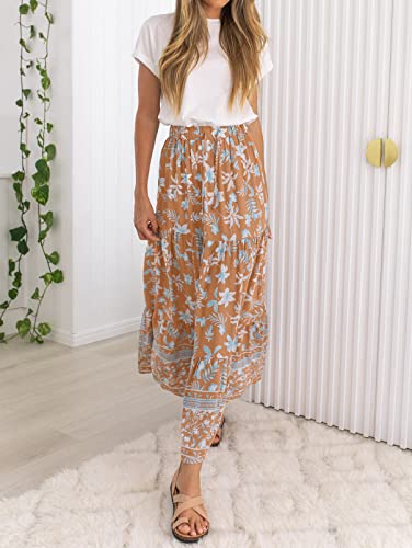 ZESICA Women's 2025 Summer Bohemian Floral Printed Elastic Waist A Line Maxi Skirt with Pockets2