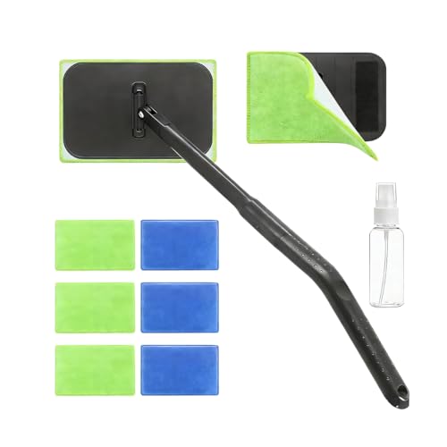 ANFTDCO Car Windshield Cleaner Tool, Long Handle Detachable Vehicle Windscreen Detailing Cleaning Kit with 6 Reusable Magic Fiber Pads & Spray Bottle, Auto Window Wiper Kit, Universal Fit