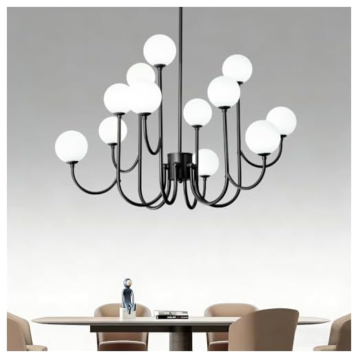 POUNEE Modern Glass Globe 12 Lights Sputnik Chandeliers,Mid-Century Black Ceiling Light Fixture for Dining Room Living Room Bedroom Kitchen stairwell Office Pendant Lighting
