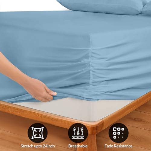 Image of Royale Linens Extra Deep Pocket Twin Fitted Sheet Only - Twin Size Deep Pocket Lake Blue Fitted Sheet - Fits 18 to 24 inch Thick Mattress - Soft & Breathable Elastic Sheets (39x75 Inches, Lake Blue)
