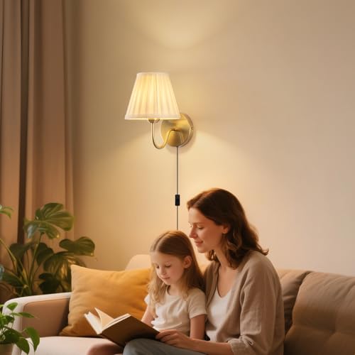 Image of Plug in Wall Sconces Set of Two, Fabric Shade Wall Light with On /Off Switch, Plug in Wall Mount Lamps Wall Decor Set of 2, Gold Sconces Wall Lighting Fixture for Bedroom Bedside Living Room Porch