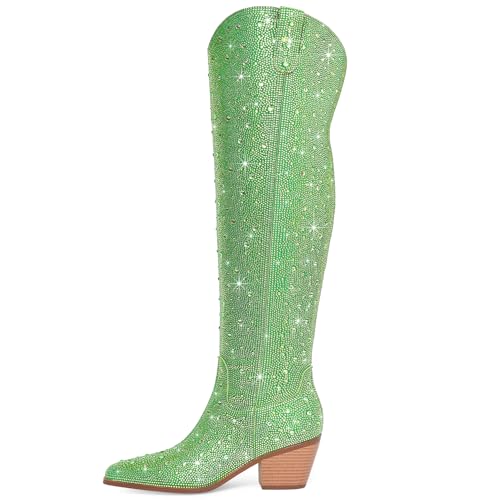 Image of Women Rhinestone Over the Knee Cowboy Boots, Sparkly Bling Cowgirl Boots Western Thigh High Boots Pull-On Side Zippers Chunky Heel Pointed Toe For Concerts, Music Festivals, Parties & Night Out