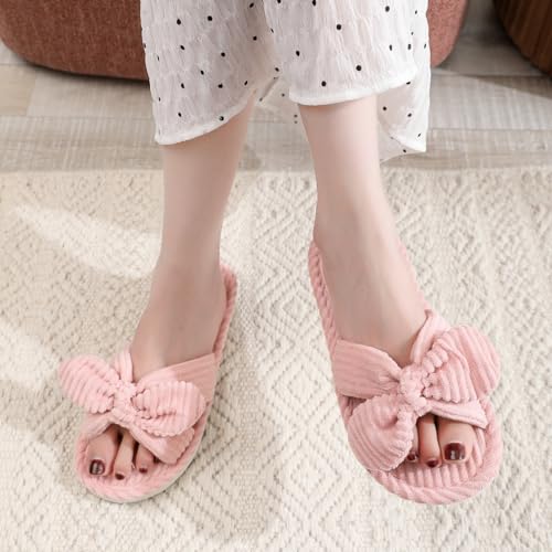 Bow Knot Slippers Women Cute Corduroy Slipper Preppy Kawaii House Slipper Comfy House Slides Open Toe Sandals Bedroom Shoes EVA Sole Cozy Indoor Outdoor Home Slipper4
