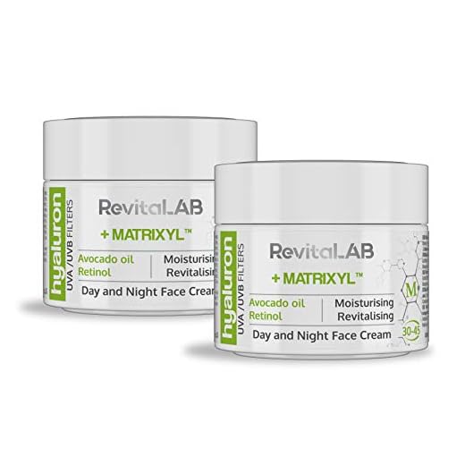 RevitaLAB Hyaluron Anti-Aging Day and Night Cream, Enriched with Avocado Oil, Matrixyl, Retinol and UV Filters for Ages 30 – 45, 50 ml (multipack)