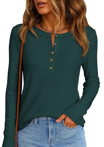 Image of PRETTYGARDEN Women's Long Sleeve Waffle Knit Henley Shirts Loose Tunic Tops