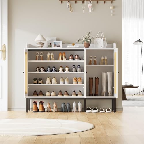 Rattan Large Shoe Cabinet with 3 Doors, 30 Pairs Boho Farmhouse Shoe Storage Cabinet with Adjustable Shelves for Entryway, Hallway, Living Room, Closet