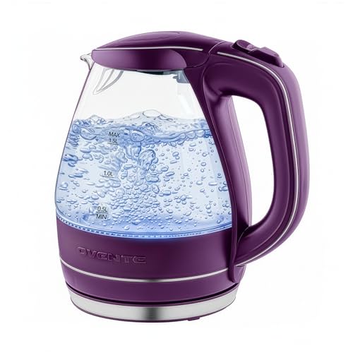Image of OVENTE Electric Kettle, 1.5L Borosilicate Glass Countertop Water Heater and Boiler for Coffee or Tea, BPA-Free, Auto Shut-Off, Boil-Dry Protection, Removable and Washable Spout Filter, Purple KG83P