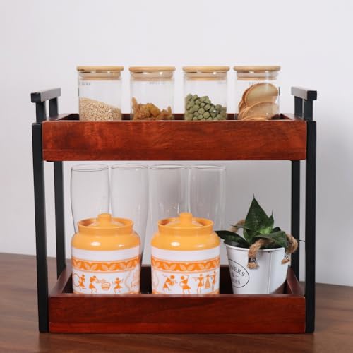 Image of Premium WoodMet Multipurpose kitchen wooden Rack |Iron Countertop Racks |Living Area Versatile Storage Shelf with 2 Compartments |Spice Rack Organizer|Makeup rack |Office shelf