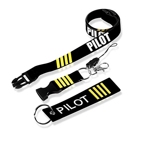 Pilot Lanyard 4 Stripes for Keys with Detachable Safety Buckle + MELIFE Traveler Pilot Keychain Baggage Tag set