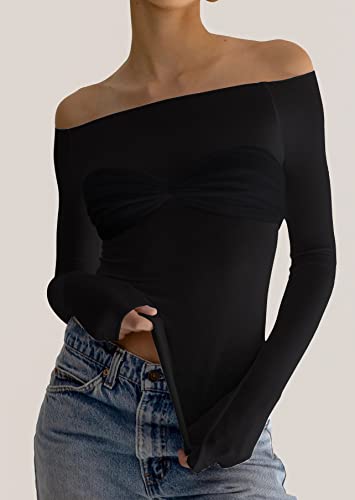 Meladyan Women Off Shoulder Ruched Sheer Mesh Sexy Tshirt Top Long Sleeve Pleated See Through Solid Slim Shirt Blouse Tops2