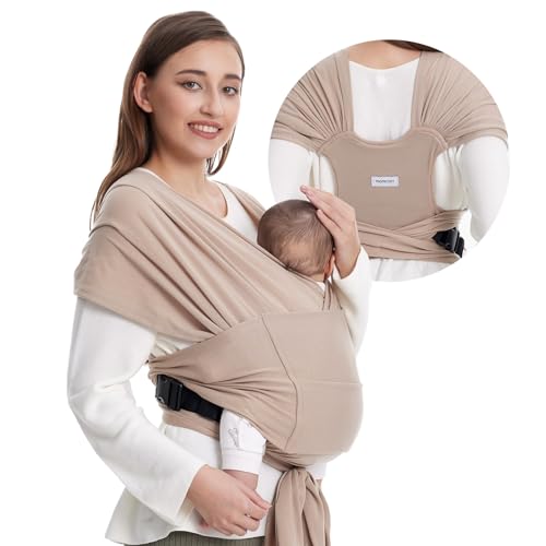 Image of Momcozy Baby Wrap Carrier Skin-Friendly Fabric, Easy to Wear Baby Sling T-Shirt Design, Hands Free Baby Carriers Newborn to Toddler 8-35lbs, Adjustable Buckle Suit for Waist 27-47inch, Light Curry
