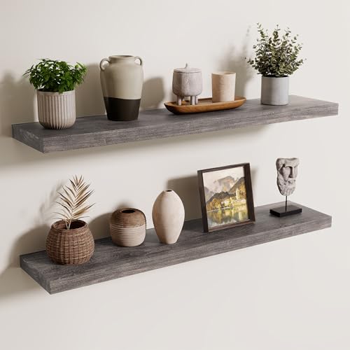 Image of Floating Shelves for Wall, 36in Reclaimed Elm Wood Shelves, Grey, 2PCs