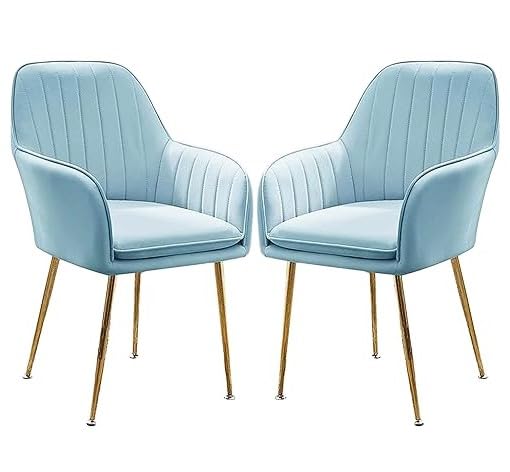 Image of Set of 2 Velvet Dining Chairs, Cushion Seat Chair for Living Room Bedroom Restaurant, Modern Contemporary Upholstered with Polished Rosegold Metal Legs (Sky Blue)