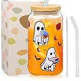 Halloween Gläser, 500ml Trinkbecher mit Deckel und Strohhalm,Helloween Geist Katzen Eiskaffeetasse,Trinkglas,Herbst Kürbis Geist Glas Tasse für Frauen Halloweens Thanksgiving Party Geburtstag Geschenk