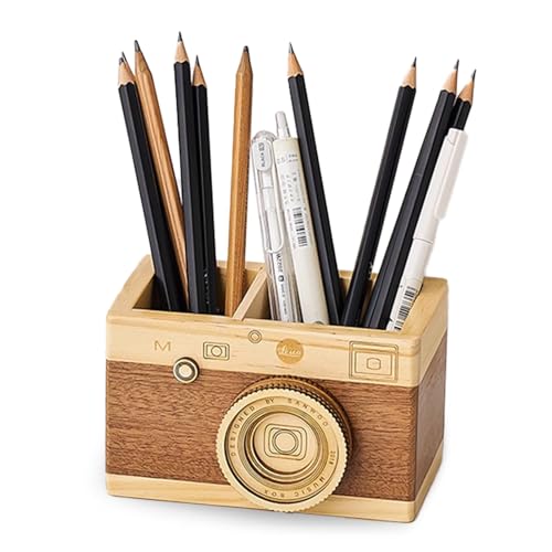 Milnnie Vintage Wooden Camera Pencil Holder – Retro Desk Organizer for Pens & Stationery, Unique Photography Gift for Photographers, Creative Wooden Pen Holder for Office & Home Decor (Double slot)