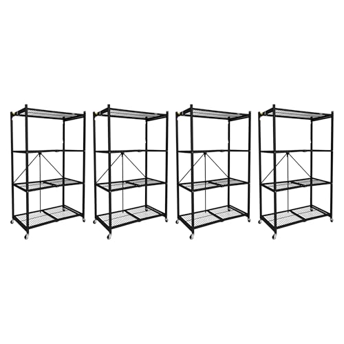 Image of Origami 4 Pack 4 Tier Foldable Metal Garage Storage Shelf Rack, Wheels & Powder Coated Steel, Black