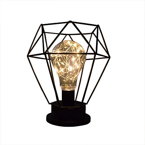 Industrielle Vintage Lampe de Chevet Fer Cage Diamant Shape LED Lamp de Table USB/Batterie Blanc...