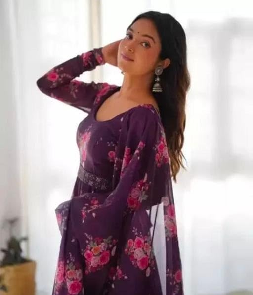 Image of Elegant Floral Printed Long Kurti with Matching Dupatta in Flowing Poly Georgette Fabric for Graceful Ethnic and Festive