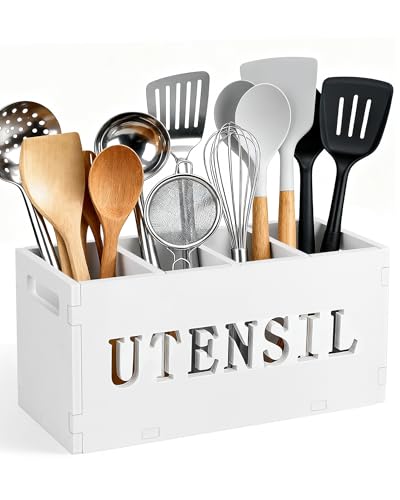 Kitchen Utensils Holder Cooking Utensil Organizer with 4 Compartment Waterproof Large Capacity Flatware Organizer Storage Box for Caddy Cooking Tool Cooking Utensil Organizer for Countertop White.