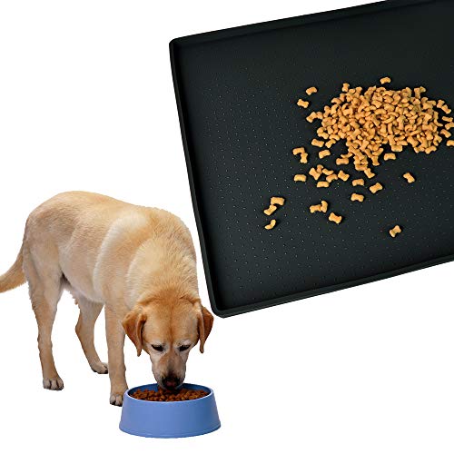 Gosmol Dog Food Mat 24 x 16 inch, 0.5 inch Raised Edge Waterproof Pet Dog Food Tray, Washable Dog Bowl Mat, Nonslip Pet Dog Feeding Mat, Silicone Dog Placemat for Floors