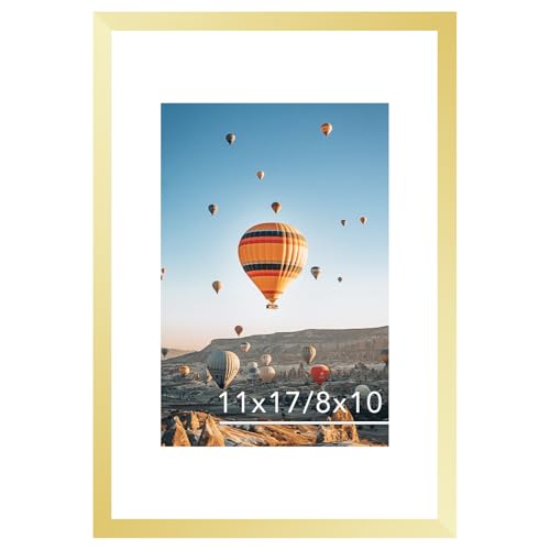 Image of JCJMY 11x17 Picture Frame Gold with 8x10 Mat, Display Photo 8x10 with Mat or 11 x 17 Without Mat, Wall Hanging Large 11x17 Poster Frame with Shatter Resistant Plexiglass, Gold