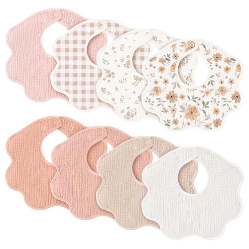 Image of Konssy Muslin Baby Bibs 8 Pack, 100% Cotton Absorbent Bandana Drool Bibs for Teething and Drooling for Unisex Boys and Girls