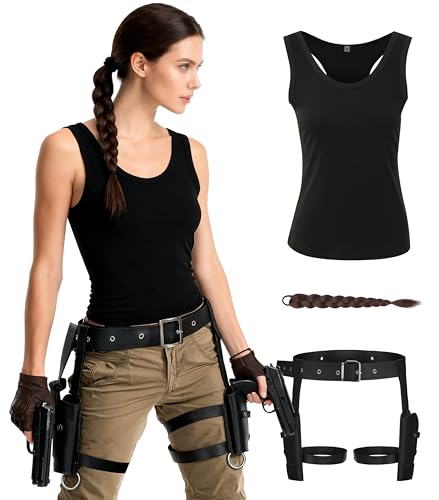Kimoruro Womens Green black vest with adjustable Leg Holsters pigtail for Halloween Costume Cosplay Outfit (Black X-Small)